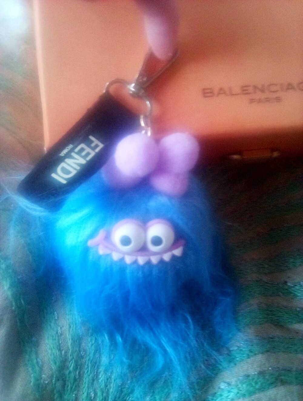 Fendi Ribbon Blue Monster Fur Bag Charm Keychain Designer Accessory - Picture 3 of 9